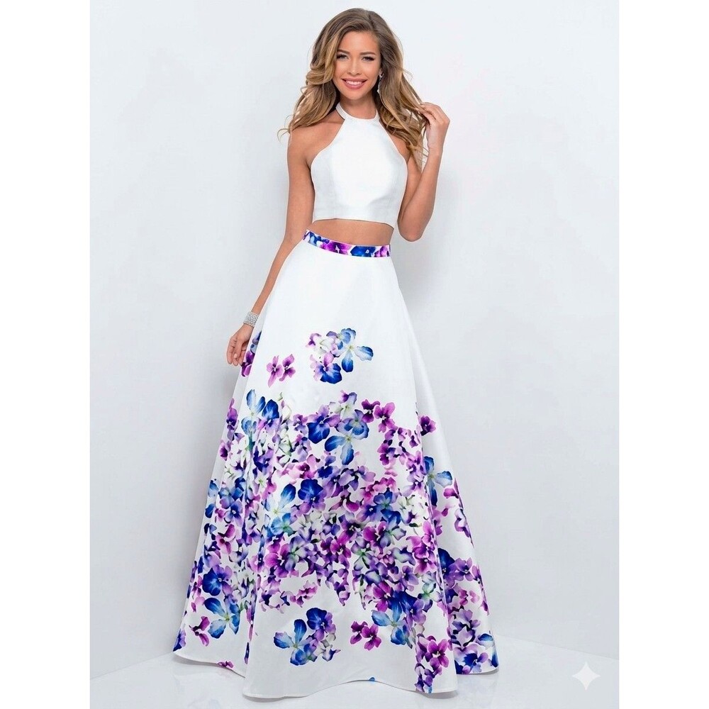 Blush Prom by Alexia 2-Piece Halter Crop Top & Floral Satin Skirt Set Sz 6